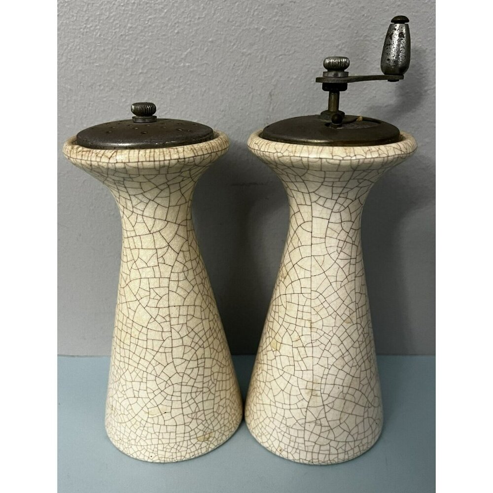 Woodpecker Woodware Salt Pepper Grinder Set Mid Century Japan Cracked Glaze MCM